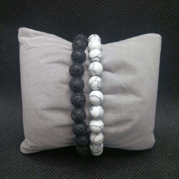 White Howlite Gemstone Bracelet Set of 2 Black Lava Stone Handmade Beaded NEW - Picture 3 of 11